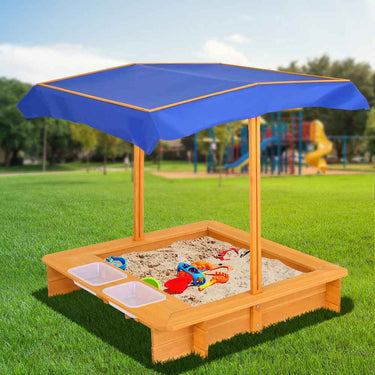 Keezi Youngsters Sandpit Wooden Sandbox with Adjustable Canopy, Water Basin & Toys, 103cm, High Quality